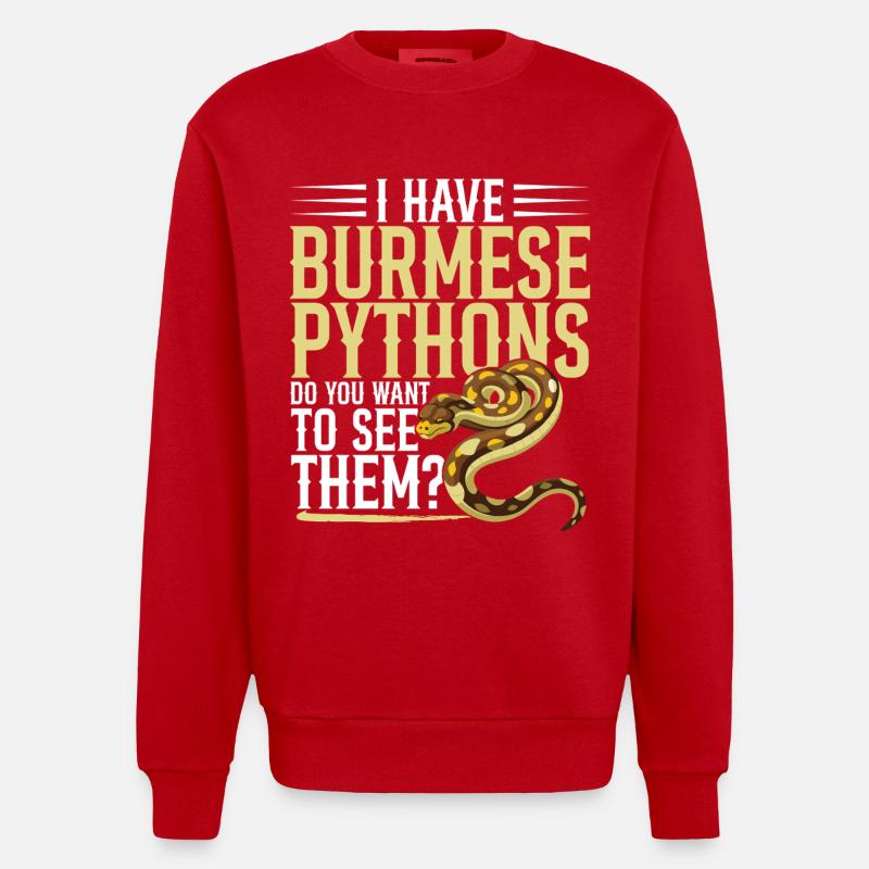 Burmesische Python HDE Schlangen-Stofftier-Reptil - Heavyweight Oversized Organic Crew Neck Made in EU - Rot