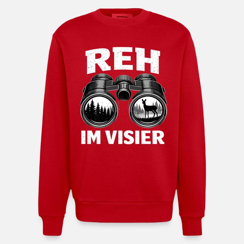 Hunter Deer Sight Hunting Gift - Heavyweight Oversized Organic Crew Neck Made in EU - red