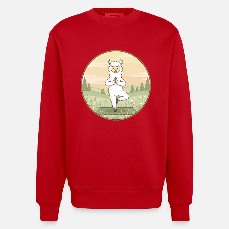 Yoga Llama Alpaca Doing Tree Pose - Heavyweight Oversized Organic Crew Neck Made in EU - red