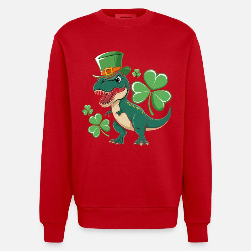 Dino vert avec chapeau de trèfle - Sweat bio épais oversize fabriqué en UE - rouge