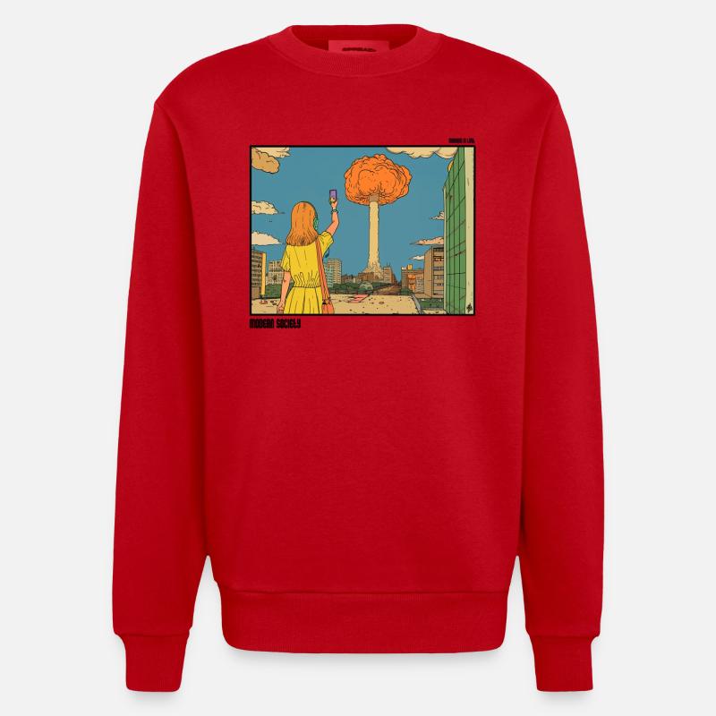 Selfie devant un Nuclear Puff - Sweat bio épais oversize fabriqué en UE - rouge