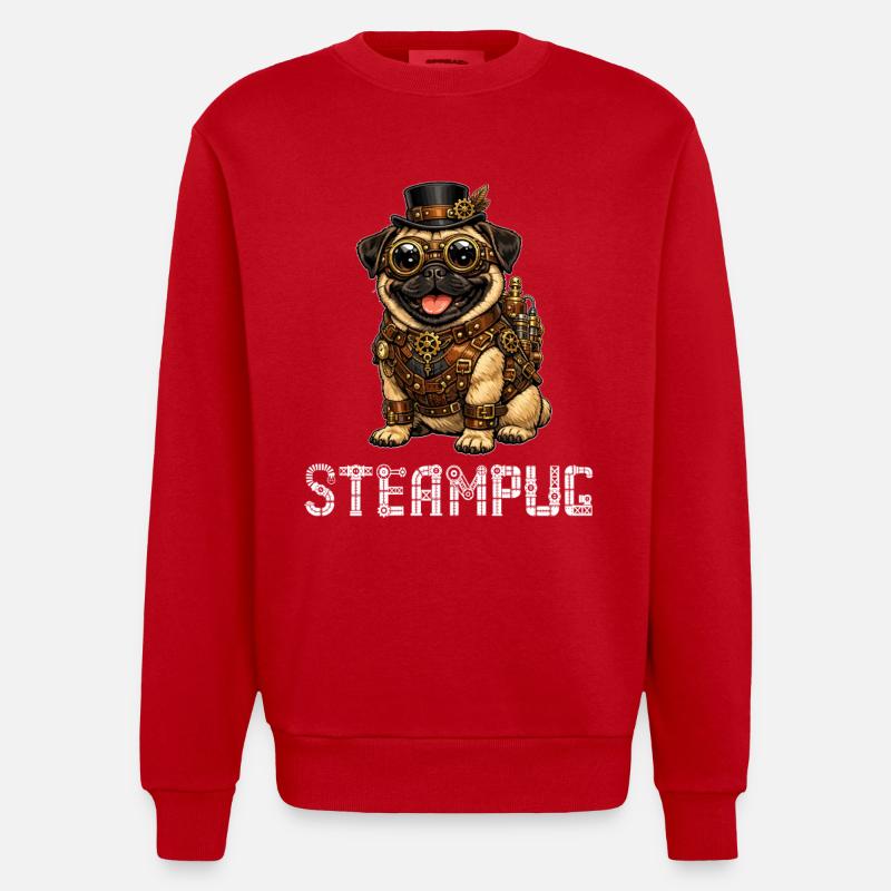 Steampug Steampunk Pug Mops - Heavyweight Oversized Organic Crew Neck Made in EU - red