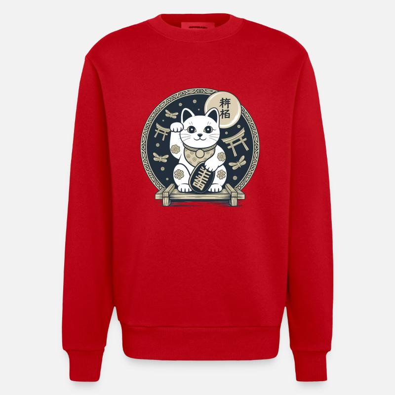Maneki Neko Nachtmedaillon - Heavyweight Oversized Organic Crew Neck Made in EU - Rot