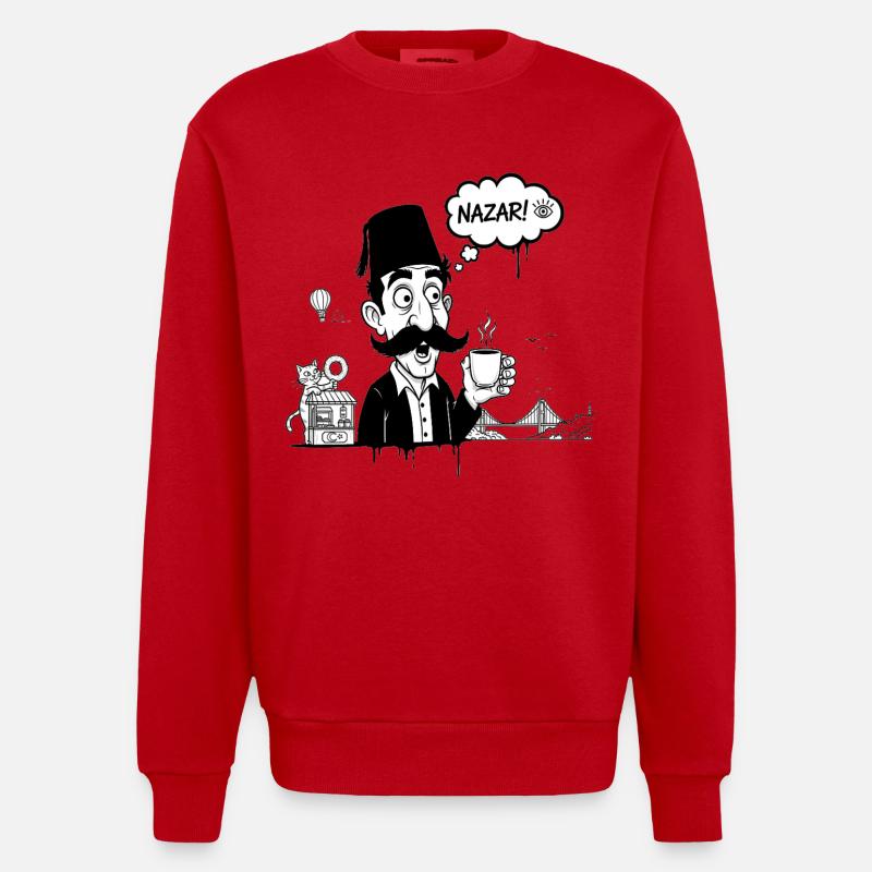 Moustachu au fez et Nazar Café - Sweat bio épais oversize fabriqué en UE - rouge