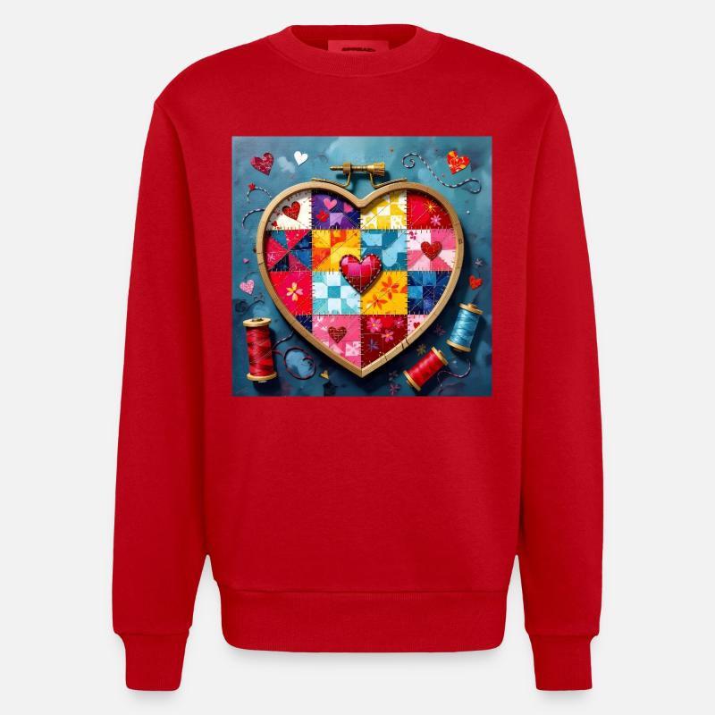 Art patchwork en cœur - Sweat bio épais oversize fabriqué en UE - rouge