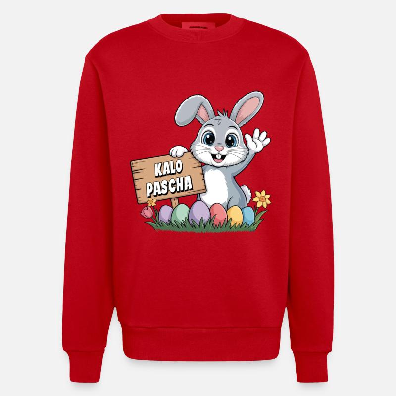 Kalo Pascha Easter Rabbit Greek Easter - Heavyweight Oversized Organic Crew Neck Made in EU - red