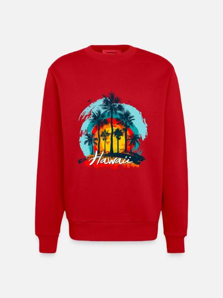 Palm Sunset Hawaii Splash - Heavyweight Oversized Organic Crew Neck Made in EU - red