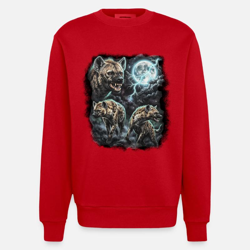 DREI Wilde Hyäne mit Mond Wildlife-Designs - Heavyweight Oversized Organic Crew Neck Made in EU - Rot