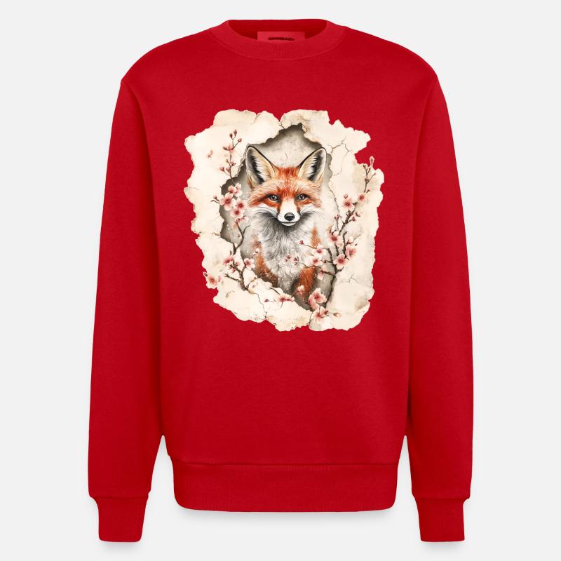 Fuchs mit Kirschblüten - Heavyweight Oversized Organic Crew Neck Made in EU - Rot