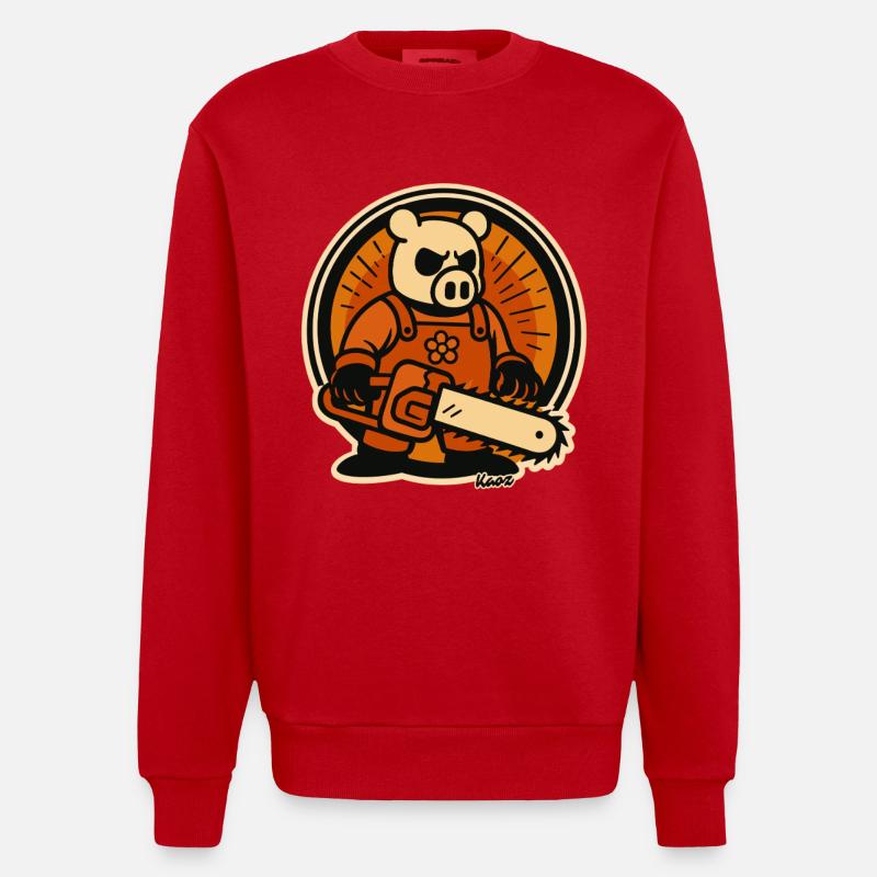 Bûcheron cochon avec tronçonneuse - Sweat bio épais oversize fabriqué en UE - rouge