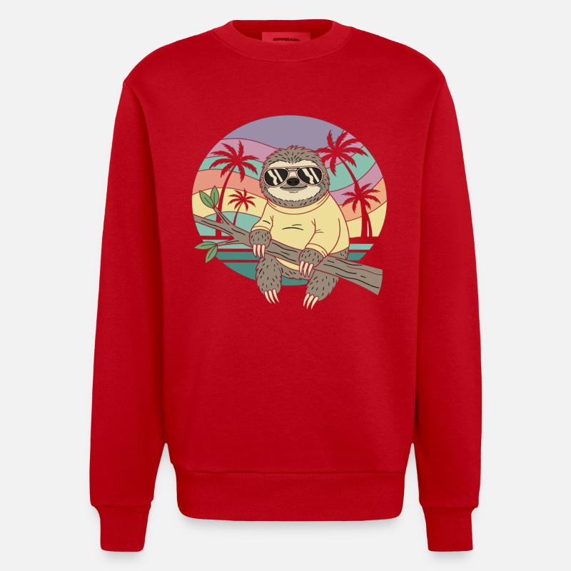 Cool Sloth Retro Summer Palm Trees - Heavyweight Oversized Organic Crew Neck Made in EU - red
