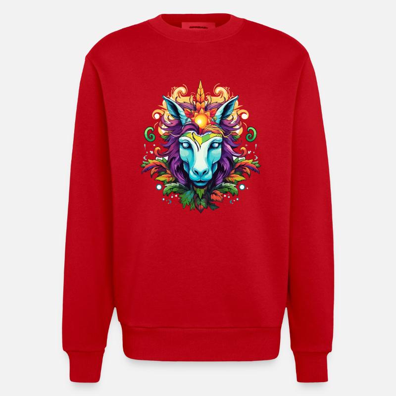 Buntes Einhornporträt mit Blattkrone - Heavyweight Oversized Organic Crew Neck Made in EU - Rot
