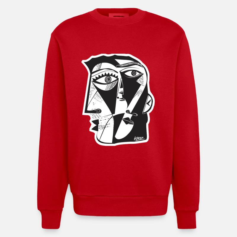 Cubist Face Linework - Heavyweight Oversized Organic Crew Neck Made in EU - red