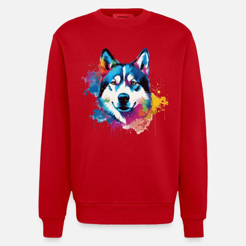 Bunter Husky Splash Art Hund - Heavyweight Oversized Organic Crew Neck Made in EU - Rot
