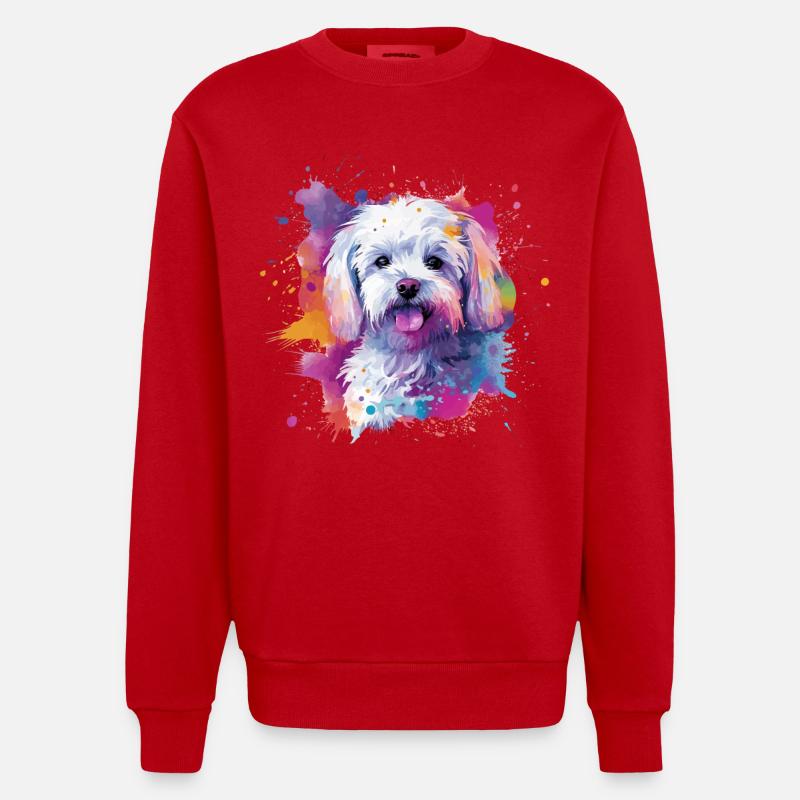 Maltesische bunte Hunde-Splash-Kunst - Heavyweight Oversized Organic Crew Neck Made in EU - Rot