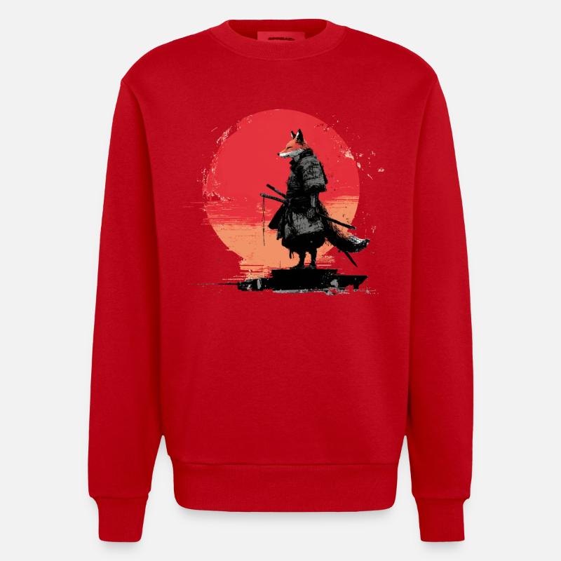 Fox Samurai au coucher du soleil - Sweat bio épais oversize fabriqué en UE - rouge