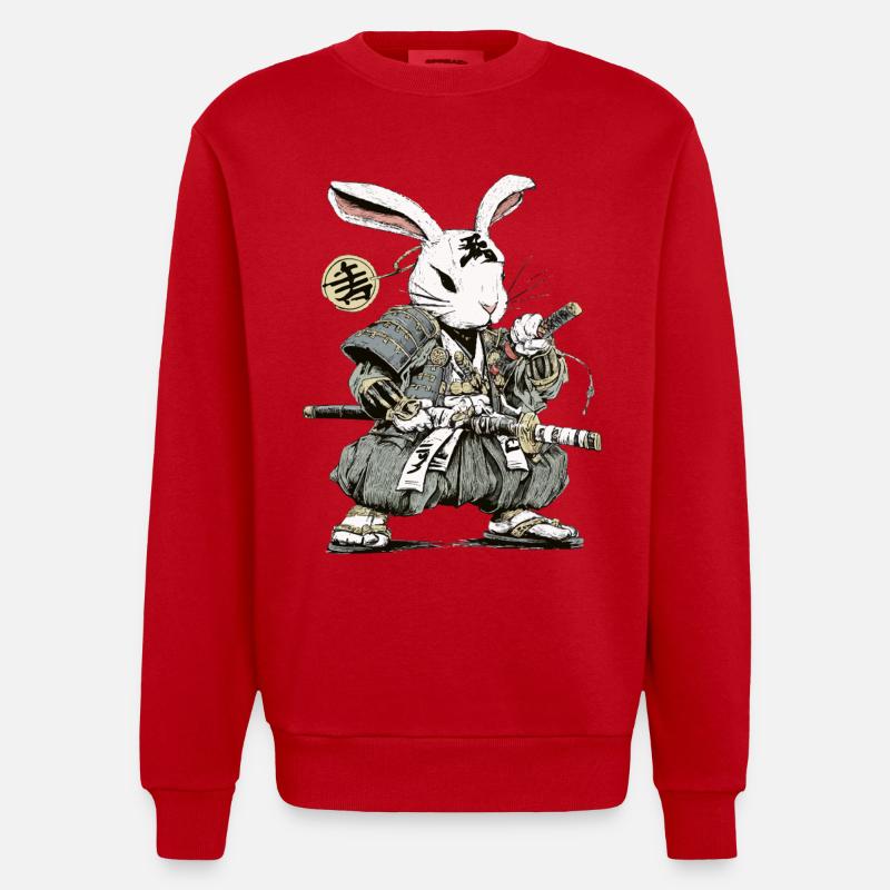 Rabbit Samurai Warrior with Katana - Heavyweight Oversized Organic Crew Neck Made in EU - red