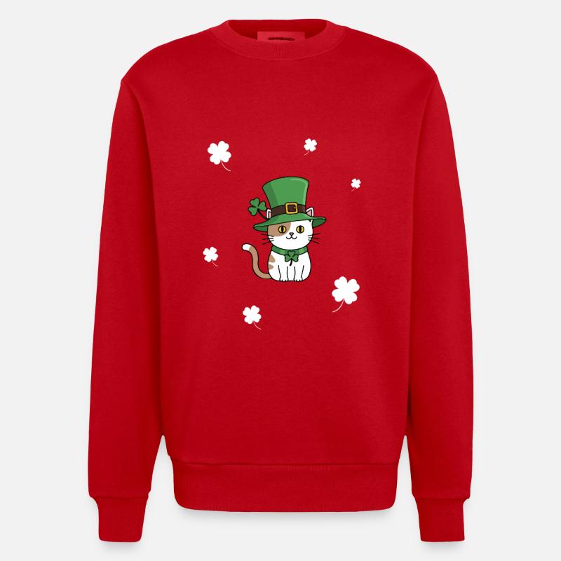 St Patrick's Day Cat - Heavyweight Oversized Organic Crew Neck Made in EU - red