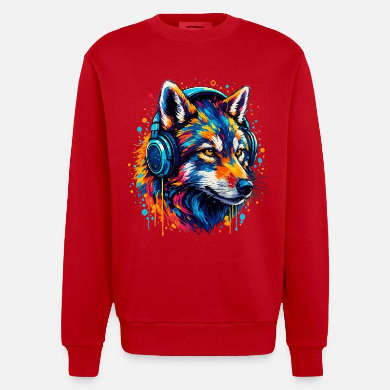 Fuchs mit Neon Kopfhörer Kunst - Heavyweight Oversized Organic Crew Neck Made in EU - Rot