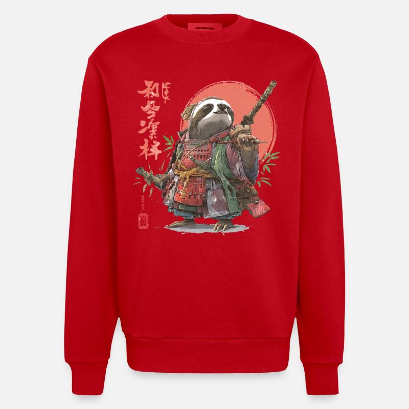 Sloth Samurai Warrior - Heavyweight Oversized Organic Crew Neck Made in EU - red