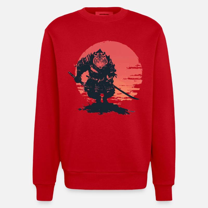 Tiger Samurai au Coucher du Soleil - Sweat bio épais oversize fabriqué en UE - rouge