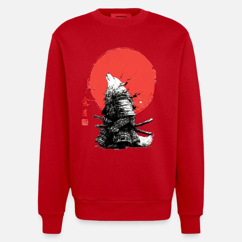 Wolf Samurai under Crimson Sun - Heavyweight Oversized Organic Crew Neck Made in EU - red