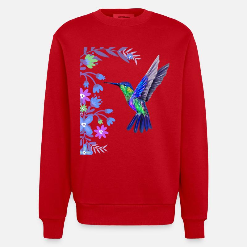 Kolibri Vogel Design mit botanischen Blumen - Heavyweight Oversized Organic Crew Neck Made in EU - Rot