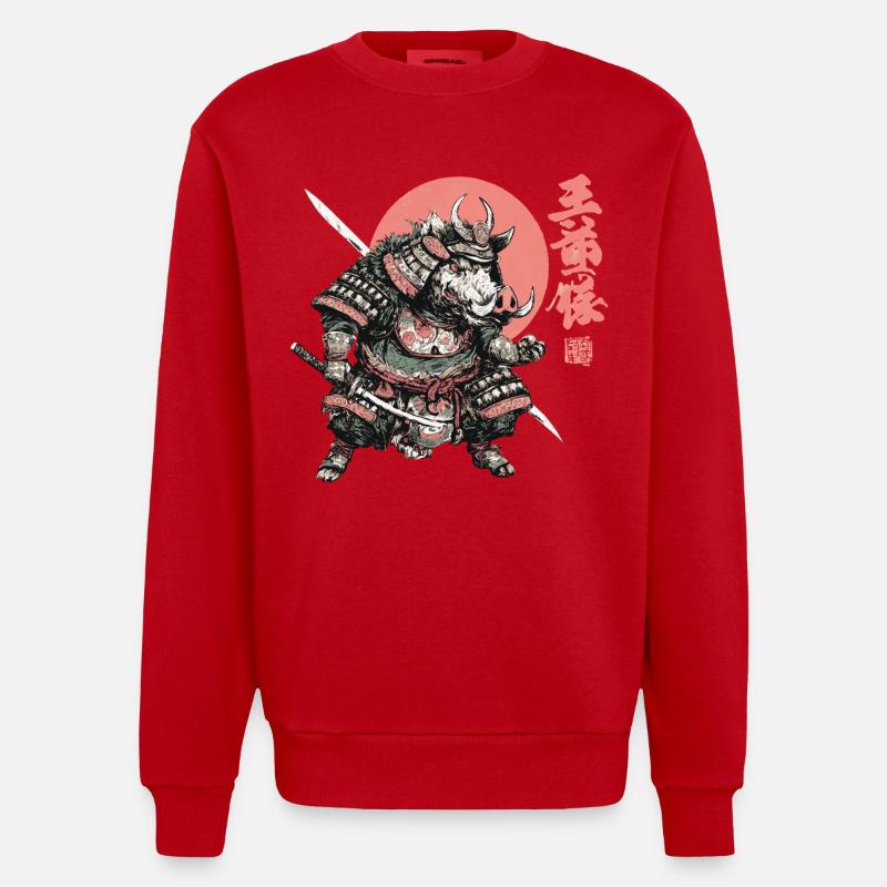 Boar Samurai under Crimson Sun - Heavyweight Oversized Organic Crew Neck Made in EU - red