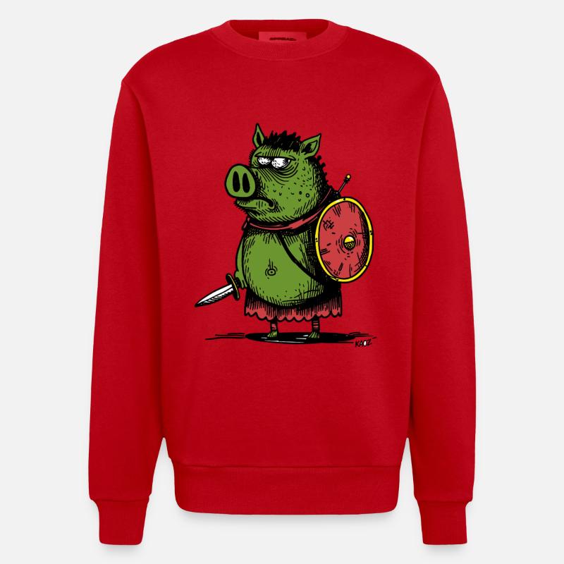 Green Boar Viking with Shield - Heavyweight Oversized Organic Crew Neck Made in EU - red