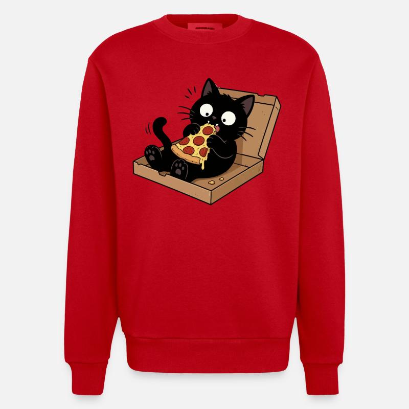 Chat noir savourant une pizza - Sweat bio épais oversize fabriqué en UE - rouge