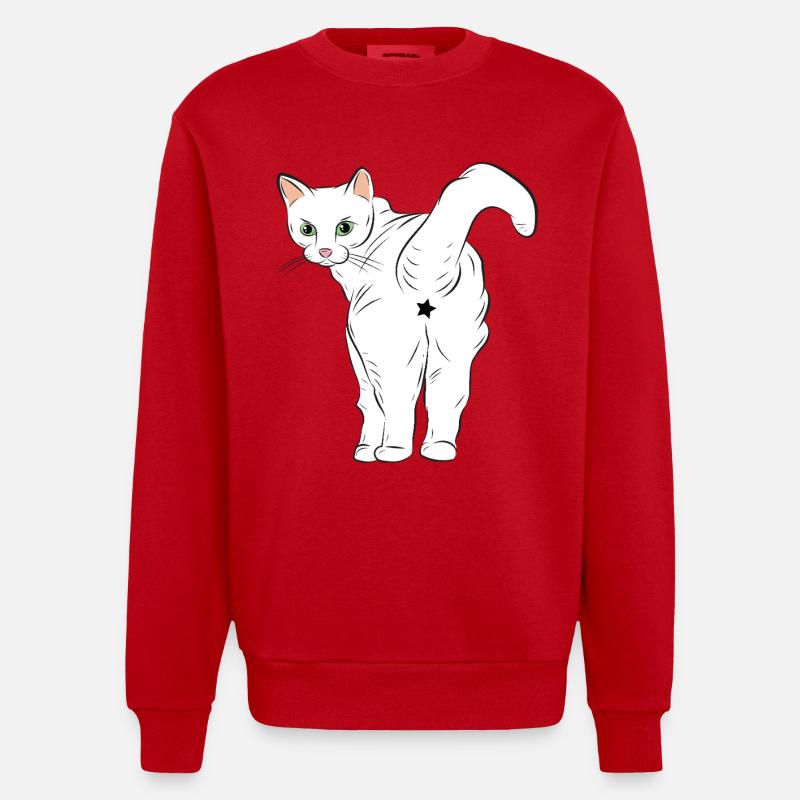 Chat blanc avec logo étoile - Sweat bio épais oversize fabriqué en UE - rouge