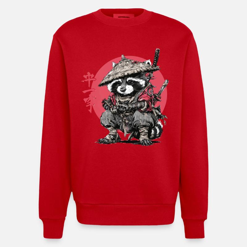 Raccoon Samurai in Red Circle - Heavyweight Oversized Organic Crew Neck Made in EU - red