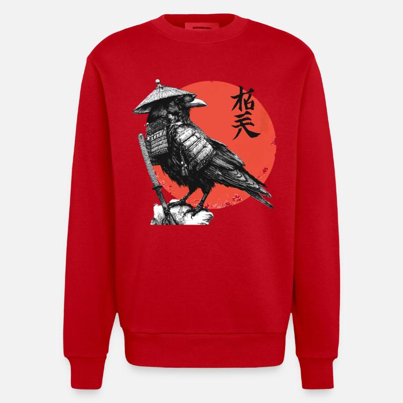 Raven Samurai in Red Sun - Heavyweight Oversized Organic Crew Neck Made in EU - red