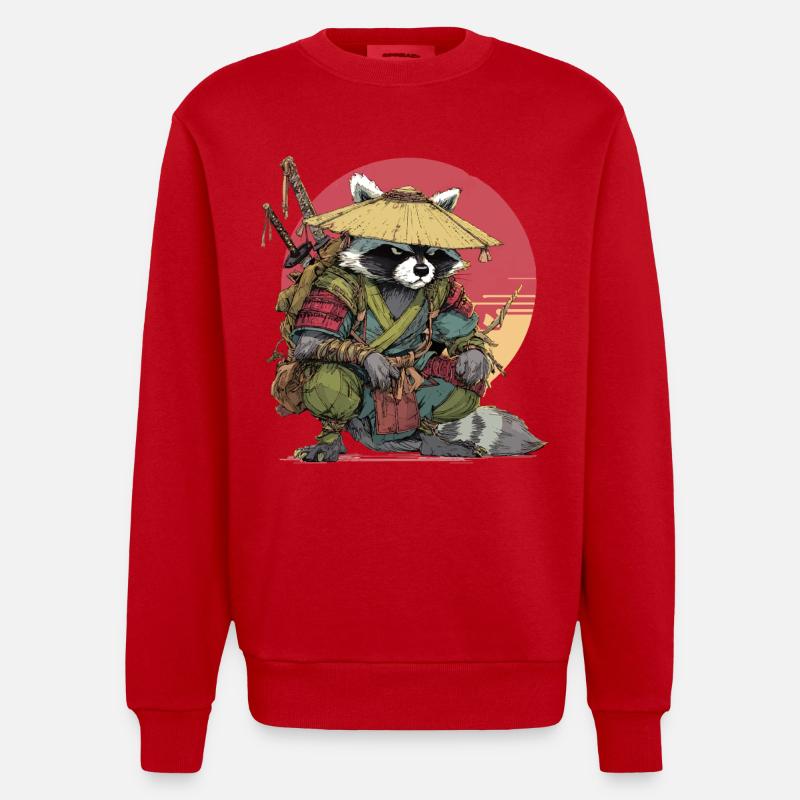 Raccoon Samurai with Straw Hat - Heavyweight Oversized Organic Crew Neck Made in EU - red