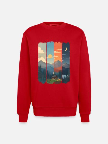 Horizons in four mountain panels - Heavyweight Oversized Organic Crew Neck Made in EU - red