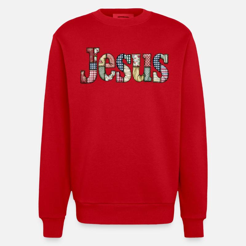 Lettrage Jésus en patchwork - Sweat bio épais oversize fabriqué en UE - rouge