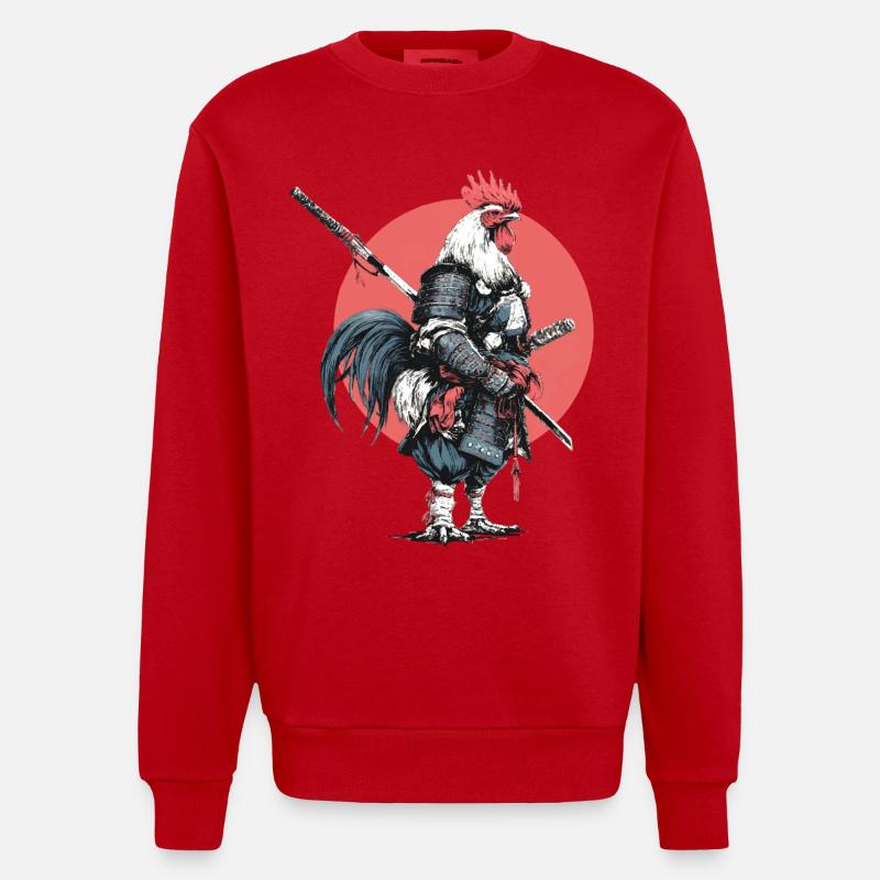 Rooster Samurai in Armor - Heavyweight Oversized Organic Crew Neck Made in EU - red