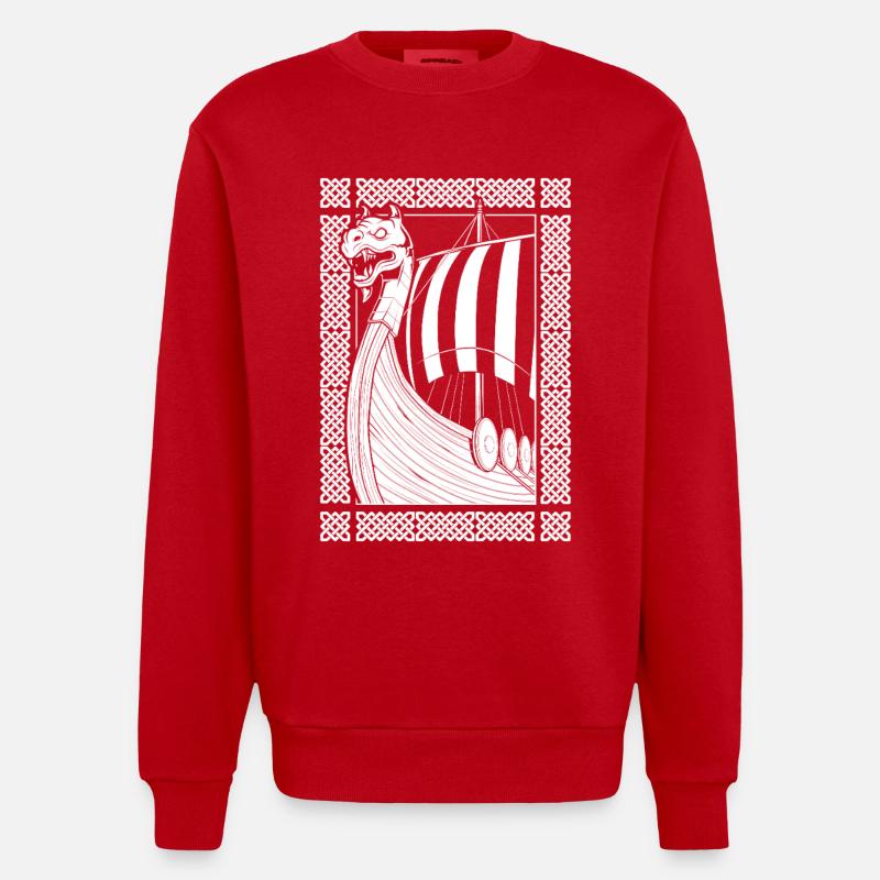Drachenboot der Nordmänner - Wikinger - Heavyweight Oversized Organic Crew Neck Made in EU - Rot