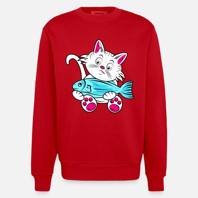 Petit Chat et Poisson Bleu - Sweat bio épais oversize fabriqué en UE - rouge