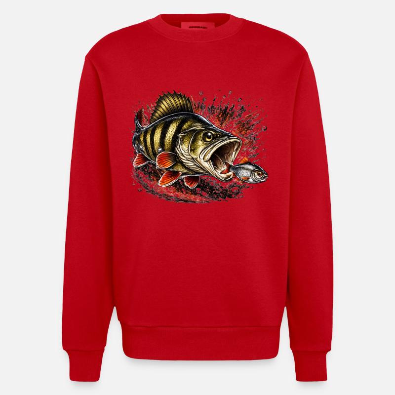 Explosive Perch Predator Fishing Design - Heavyweight Oversized Organic Crew Neck Made in EU - red