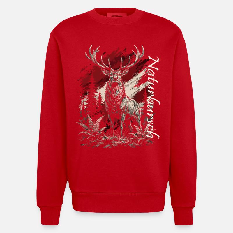 Hirsch im Wald – Rustikal Illustration - Heavyweight Oversized Organic Crew Neck Made in EU - Rot
