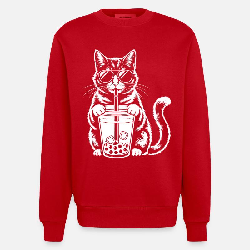 Katze mit Bubble Tee - Heavyweight Oversized Organic Crew Neck Made in EU - Rot