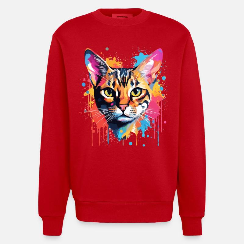 Bengalisches Katzengesicht Bunte Spritzkunst - Heavyweight Oversized Organic Crew Neck Made in EU - Rot