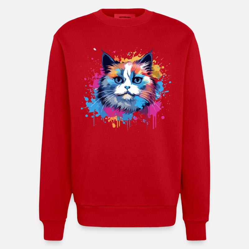 Birman-Katzengesicht Bunte Splash-Kunst - Heavyweight Oversized Organic Crew Neck Made in EU - Rot