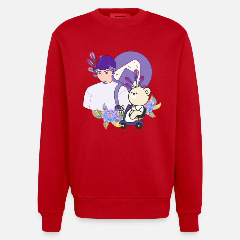 Onigiri Snack & Bear on Mobility Scooter - Heavyweight Oversized Organic Crew Neck Made in EU - red