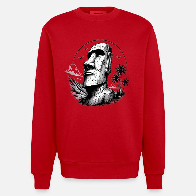 Moai Easter Island Statue - Heavyweight Oversized Organic Crew Neck Made in EU - red