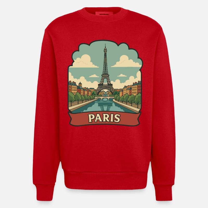 Pariser Eiffelturm Retro-Reiseaufkleber - Heavyweight Oversized Organic Crew Neck Made in EU - Rot