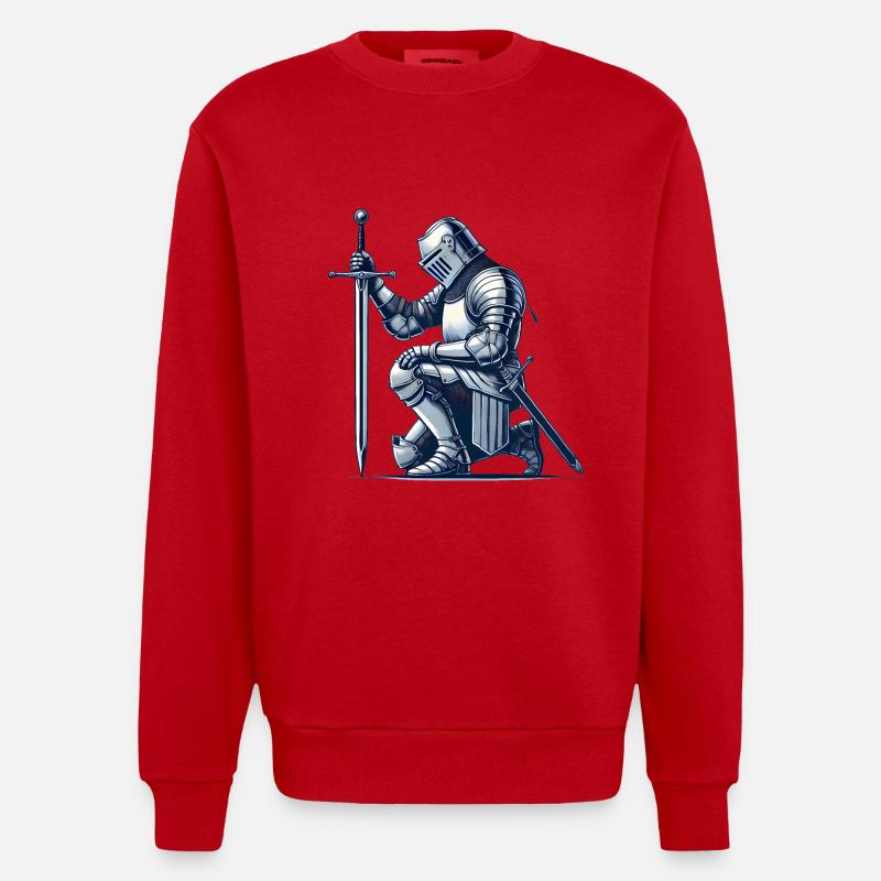 Illustration de chevalier médiéval agenouillé - Sweat bio épais oversize fabriqué en UE - rouge