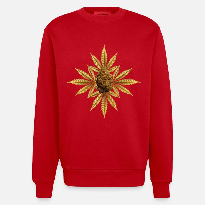 Goldene Hanfblätter mit Bud - Heavyweight Oversized Organic Crew Neck Made in EU - Rot