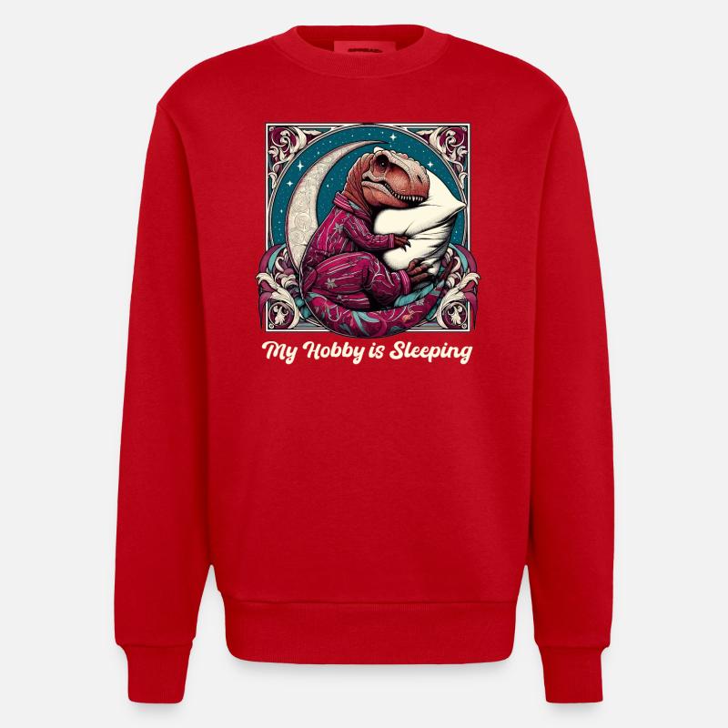 T-Rex Sleeping Hobby Gift - Heavyweight Oversized Organic Crew Neck Made in EU - red